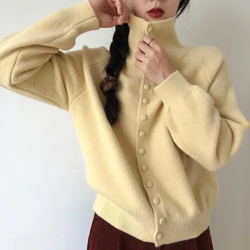 AIERTU  -  Women's High Neck Knit Cardigan Autumn Solid Color Single Breasted Sweater Outerwear Woman Soft Cashmere Knitwear Aiertu