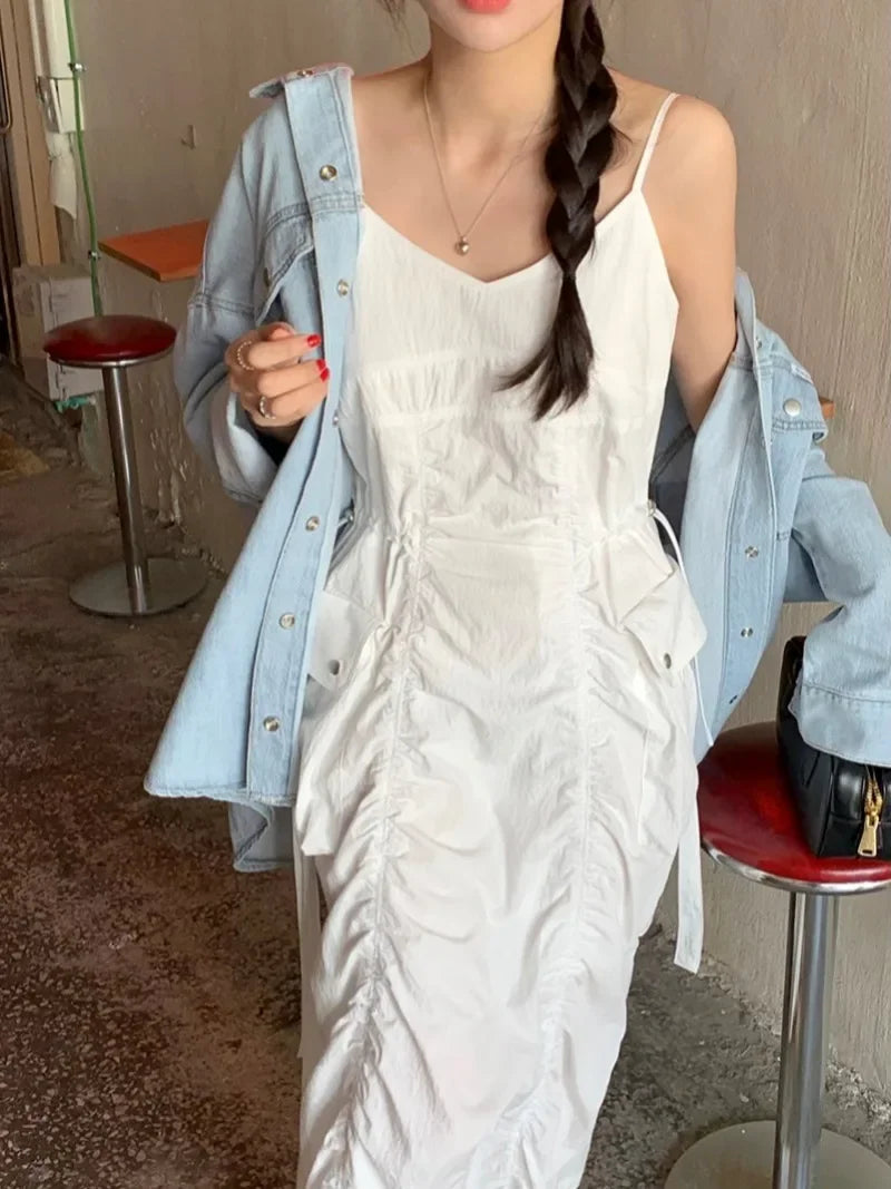 Aiertu Korean Fashion New Summer Dress Women Pleated Design Large Pockets Waisted Midi Dress Female Sleeveless Solid Black Long Dresses Aiertu