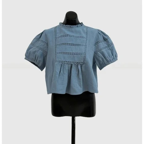 AIERTU  -  Korean Style Chic Short Sleeve Shirt Heavy Embellishment Lace Trimmed Lantern Sleeve Vintage Fashion Women's Shirt Summer Aiertu