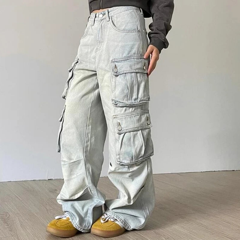 Aiertu Autumn Winter New Ladies Cargo Jeans American Street Style Baggy Cargo Pants Women Blue Multi-pocket Wide Leg Jeans for Women Aiertu