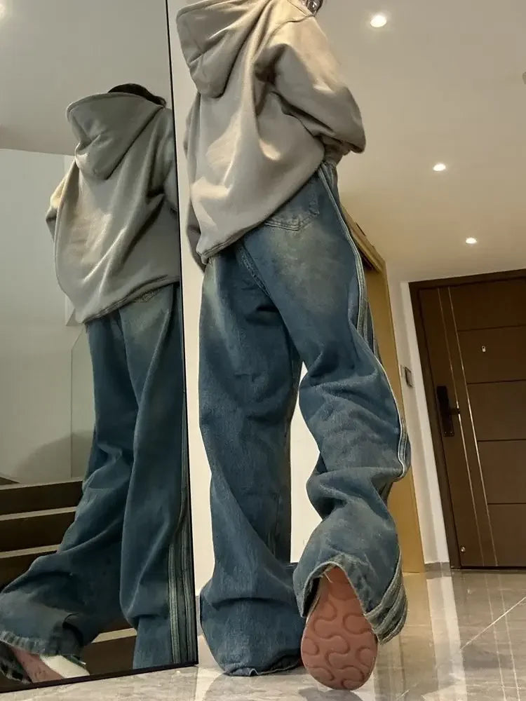 Aiertu Y2K Vintage High Waist Streetwear Style Blue Jeans Pants Korean Fashion Women's Wide Leg Striped Denim Trouser Female Clothes Aiertu