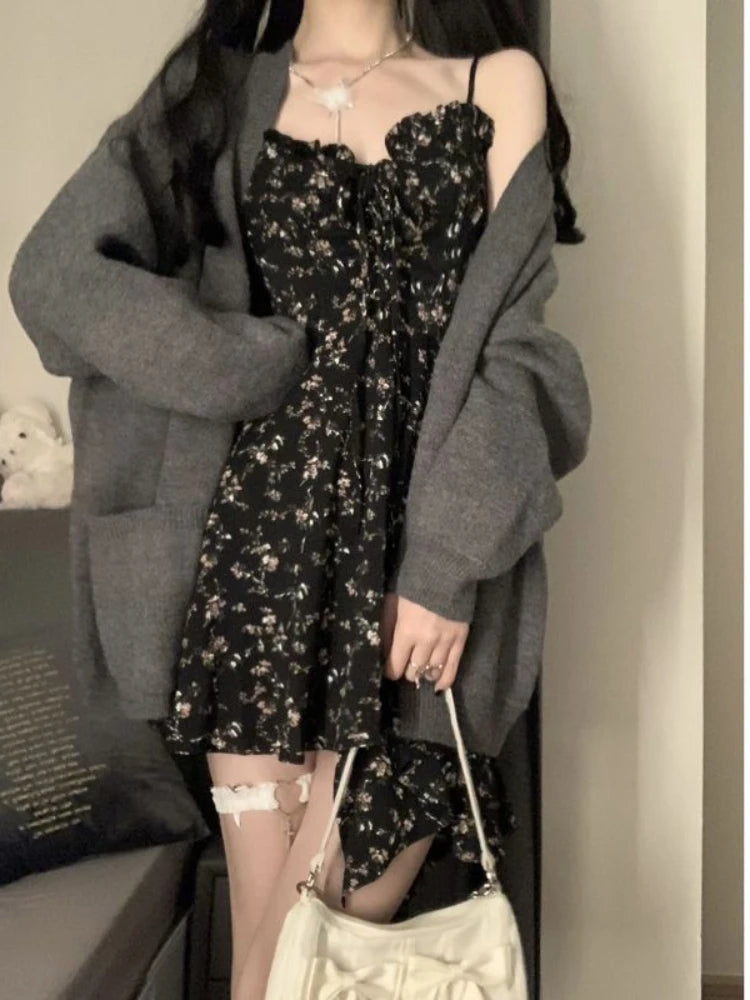 Aiertu Coquette Floral Flower Print Black Slip Mini Dress Women 2024 Vintage Elegant Beach Casual Party Short Dresses Summer Aiertu