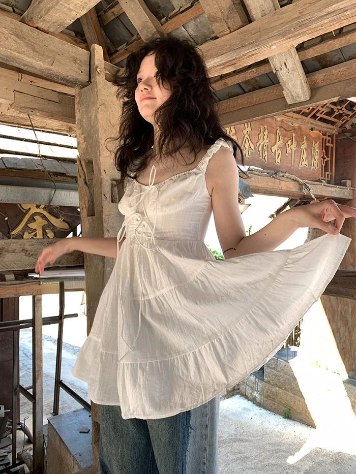 Aiertu Japanese Cute Bandage Ruffles Dress Women Y2k Aesthetic Sweet Fairy Dresses Summer Sleeveless Elegant Grunge Vestido De Mujer Aiertu