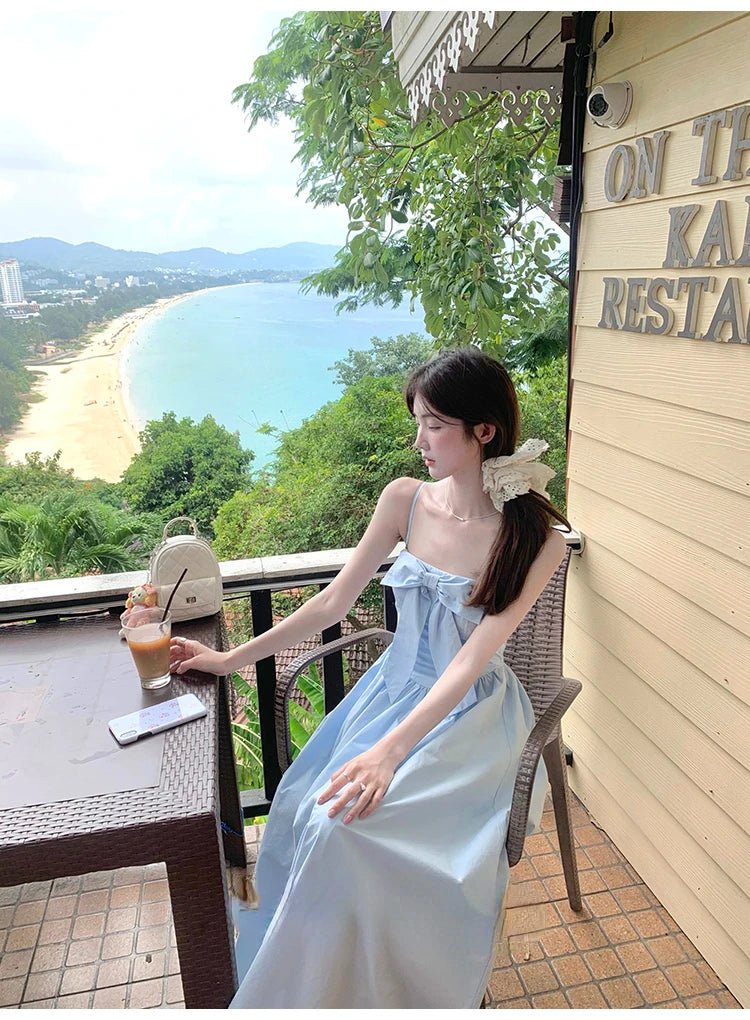 Aiertu Japanese Midi Dress Women Casual Sweet Elegant Strap Blue Bow Strapless Dress Beach Style One Piece Dress Korean 2024 Summer Aiertu