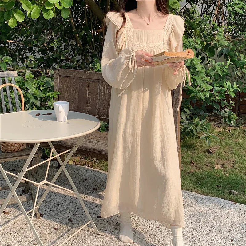 AIERTU  -  Long-sleeved Nightdress Women's Spring and Autumn New Sweet Solid Color Lace Lace Ruffle Edge Thin Pajamas Skirt Loungewear Aiertu