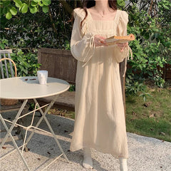 AIERTU  -  Long-sleeved Nightdress Women's Spring and Autumn New Sweet Solid Color Lace Lace Ruffle Edge Thin Pajamas Skirt Loungewear Aiertu