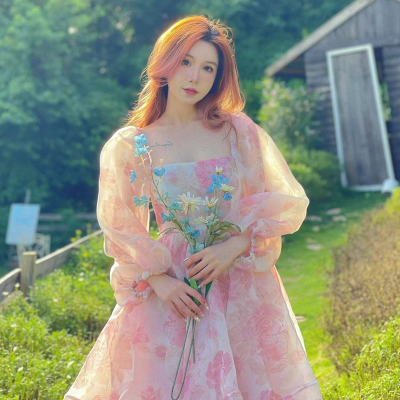 Aiertu Vintage Floral Sweet Midi Dress Women Irregular Elegant Puff Sleeve Fairy Dress Female Autumn Casual Beach Party Dress Chic Aiertu