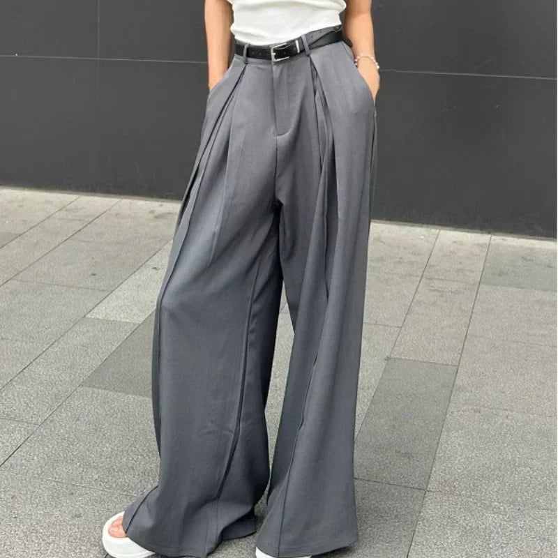 Baggy Casual Grey Suit Pants Woman Korean Fashion Classical Office Ladies Wide Leg Trousers High Waist Basic Pantalone Aiertu