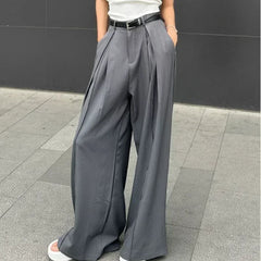 Baggy Casual Grey Suit Pants Woman Korean Fashion Classical Office Ladies Wide Leg Trousers High Waist Basic Pantalone Aiertu