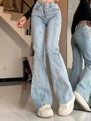 Aiertu Vintage Flared Stretch Jeans Women High Waist Skinny Boot Cut Gray Denim Pants Y2K Punk Streetwear Wide Leg Trousers Aiertu
