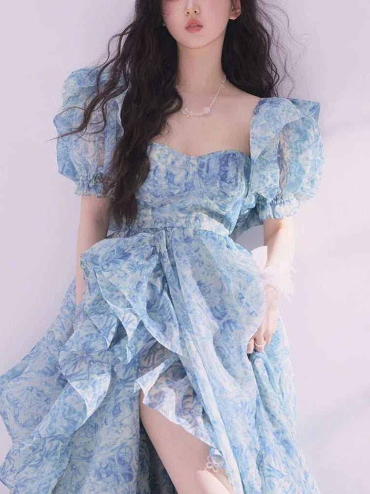 Aiertu Vintage Floral Long Fairy Dress Women Summer Ruffles Elegant Beach Party Dresses Female Causal Korean Sweet Princess Dress Aiertu