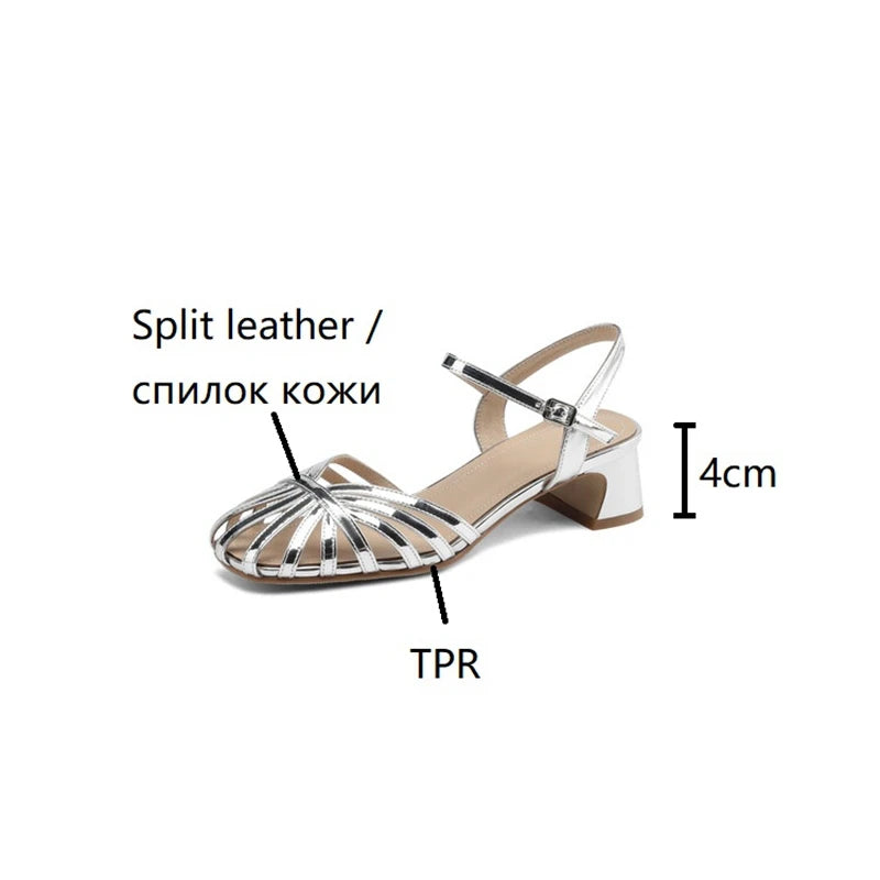 Aiertu Split Leather Women Sandals Round Toe Chunky Heel Summer Women Shoes Narrow Band Shoes for Women Handmade Shoes Aiertu