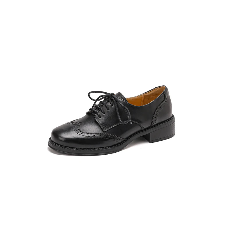 Women Pumps Oxfords Autumn Shoes for Woman Genuine Leather Brogues Retro Lace Up Loafers Casual Handmade Black Girls Shoes Aiertu