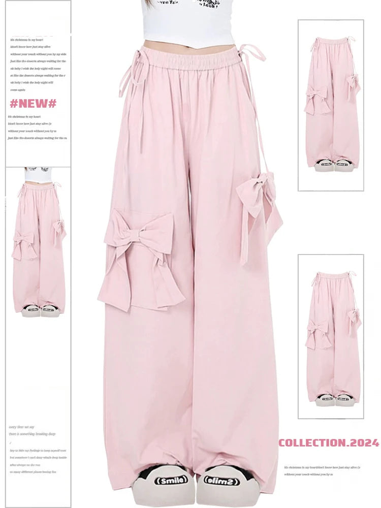 Aiertu Women Oversize Y2k Cargo Pants Baggy Vintage Streetwear Harajuku Pink Bow Pants High Waist Wide Leg Trouser 2000s Trashy Clothes Aiertu