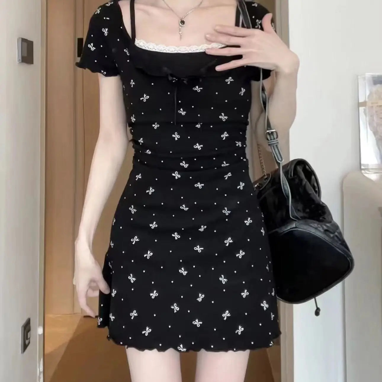 Aiertu Y2k Coquette Sweet Kawaii Bow Print Lace Mini Dress Women 2024 Spring Summer Fashion Japanese Harajuku Short Dresses Aiertu
