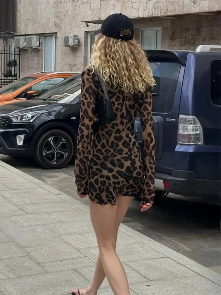 Aiertu Leopard Animal Print Sexy Mini Dress Women 2024 Spring Summer Vintage Streetwear Retro Long Sleeve Short Dresses Fashion Aiertu