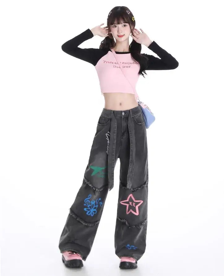 Aiertu American Vintage High Waist Straight Jeans Grunge Streetwear Tassels Print Pants Women's Casual Baggy Y2K Wide Leg Denim Trouser Aiertu