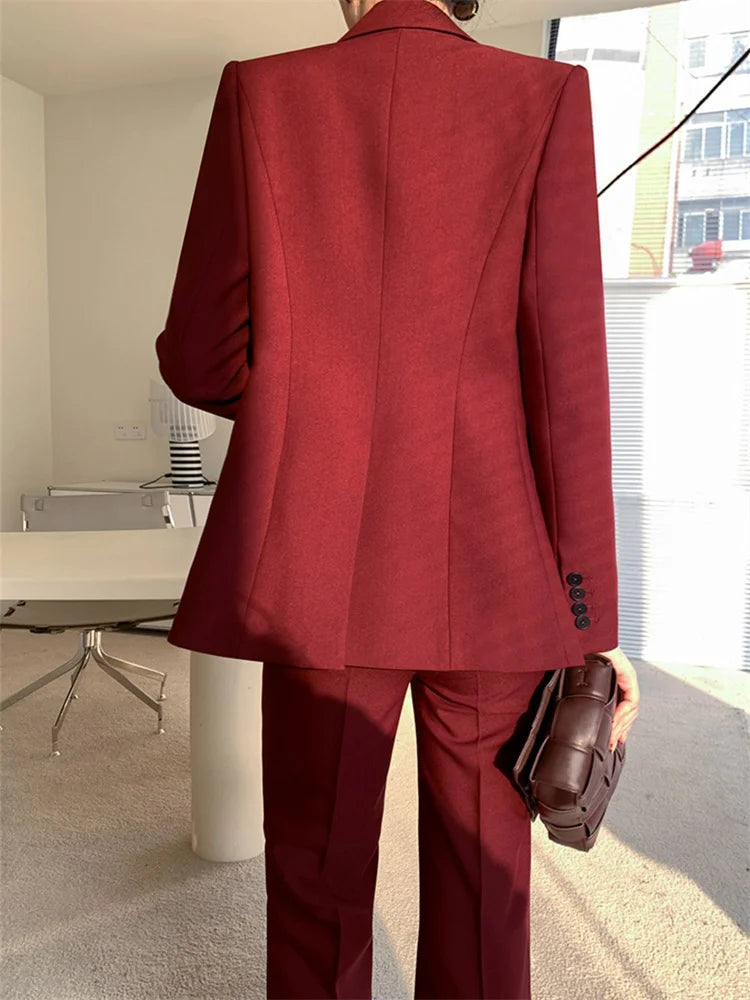 Aiertu Burgundy Suit Set Women Spring Office Ladies Lapel Single Breasted Vest Wide Leg Pants Blazer Three Piece Set Aiertu