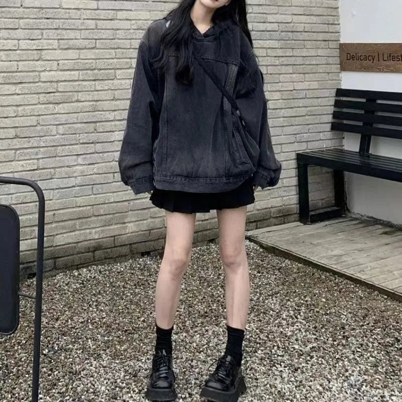 AIERTU  -  Y2k American Street Retro Washed Denim Pullover Hoodie Women Spring Autumn New Loose Jacket Solid Fashion Sweatshirts Aiertu