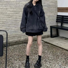 AIERTU  -  Y2k American Street Retro Washed Denim Pullover Hoodie Women Spring Autumn New Loose Jacket Solid Fashion Sweatshirts Aiertu