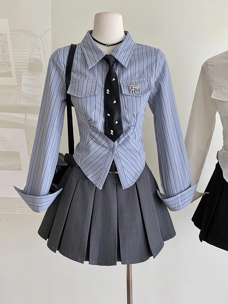 Aiertu Women JK Preppy Y2k Gyaru Kpop 2000s Outfits 2 Piece Set Long Sleeve Shirts With Tie Crop Tops + Mini Pleated Skirts With Belt Aiertu