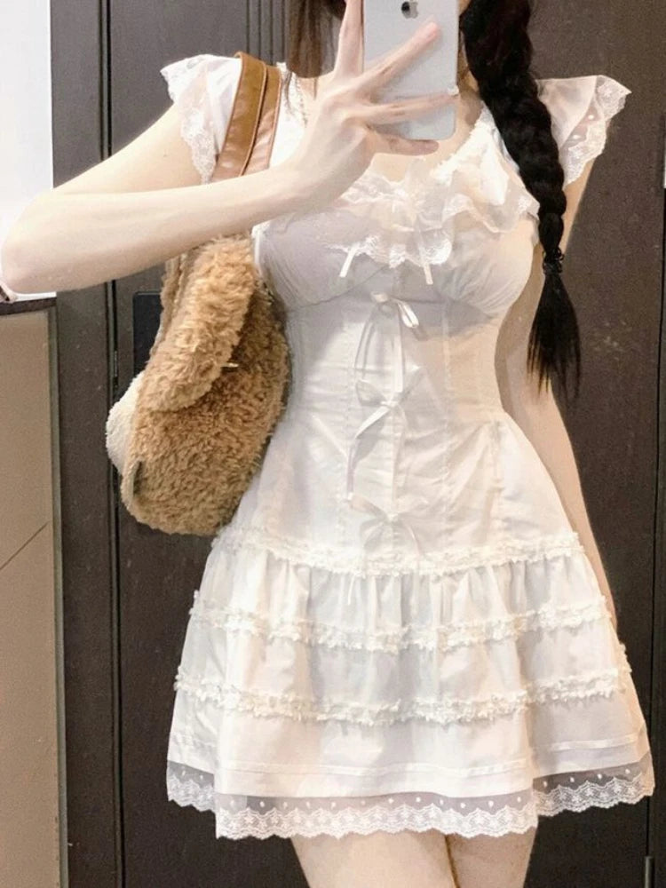 Aiertu Y2k Coquette White Lolita Sweet White Kwaii Cute Mini Dress Women Lace Bow Princess Slip Lace Short Dresses 2024 Fashion Aiertu