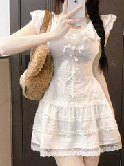 Aiertu Y2k Coquette White Lolita Sweet White Kwaii Cute Mini Dress Women Lace Bow Princess Slip Lace Short Dresses 2024 Fashion Aiertu