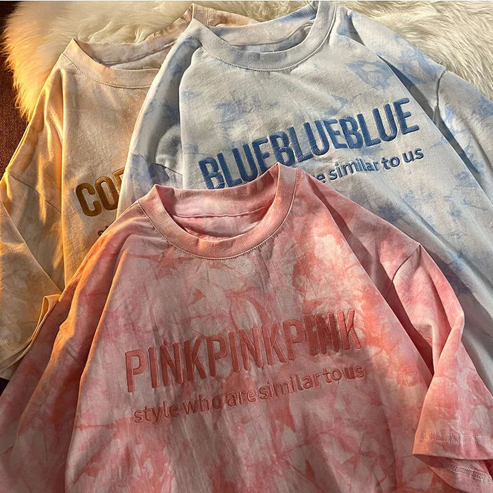 Aiertu Tie-dye Embroidery Letter Short Sleeve Top Korean Popular Trendy Female T-shirt Summer New 2024 Fashion Y2K Tops Aiertu