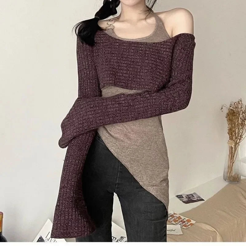 Y2k Off Shoulder Knitted Women T-shirts Set Sexy Korean Style Asymmetric Halter Tops Gyaru Crop Long Sleeve Autumn Tees Aiertu