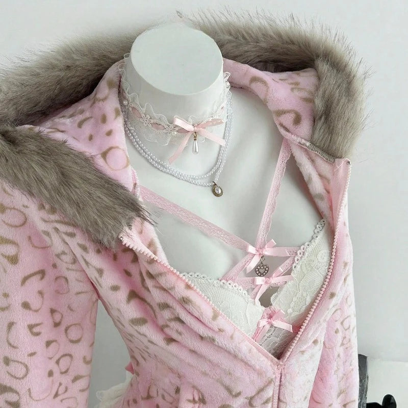 AIERTU  -  Y2k Women's Leopard Zip Up Hoodie Faux Fur Collar Plush Sweatshirts Slim Fit Cropped Vintage Warm Autumn Winter Jackets Aiertu
