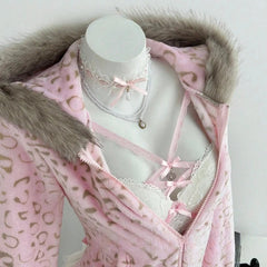 AIERTU  -  Y2k Women's Leopard Zip Up Hoodie Faux Fur Collar Plush Sweatshirts Slim Fit Cropped Vintage Warm Autumn Winter Jackets Aiertu