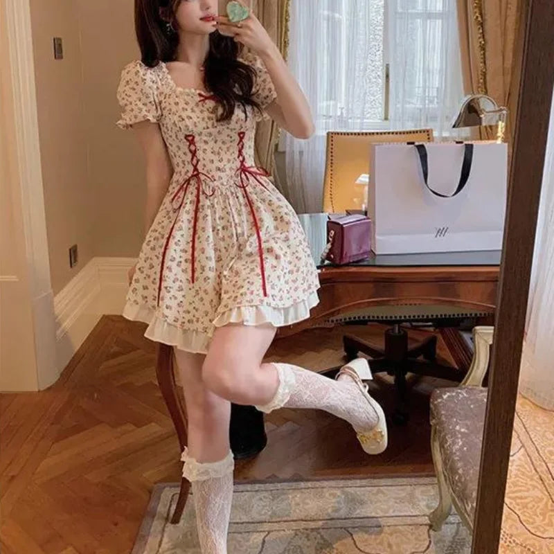 Aiertu Cute Florals Dress Women Vintage Cottagecore Y2k Puff Sleeve Square Collar Lace-up High Waist Corset Dress Female Aiertu