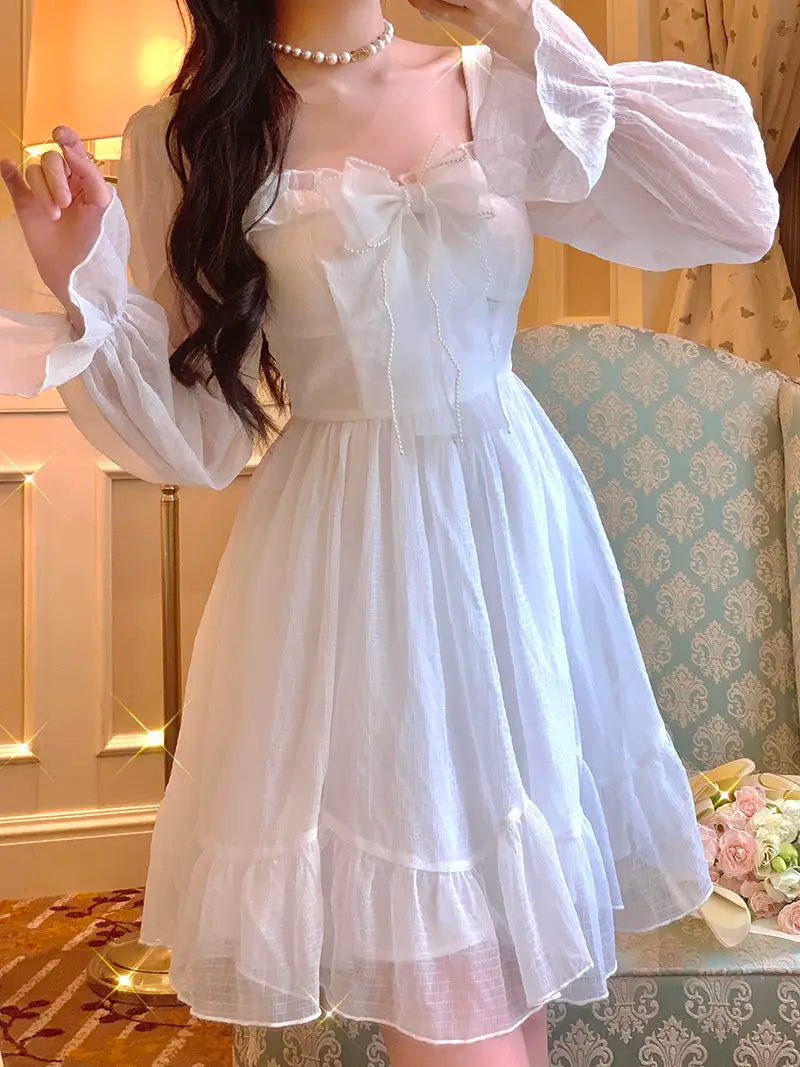 Aiertu White Kawaii Dress Women Chiffon Lolita Style Long Sleeve Mini Dresses Bow Fairy Robe Ruffles Patchwork Square Collar Aiertu