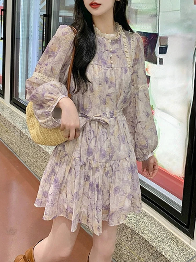 Aiertu French Vintage Y2k Mini Dress Women Long Sleeve Flroal Lace Dress Beach Style Korean Fashion Party Dress Office Lady Summer Aiertu