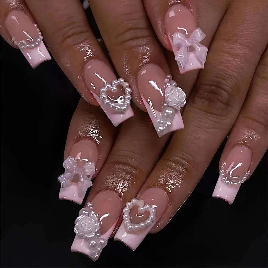 Aiertu 24Pcs Long Ballet False Nails with Bow Designs Pink Coffin Press on Nails Wearable French Fake Nail Full Cover Manicure Tips Aiertu