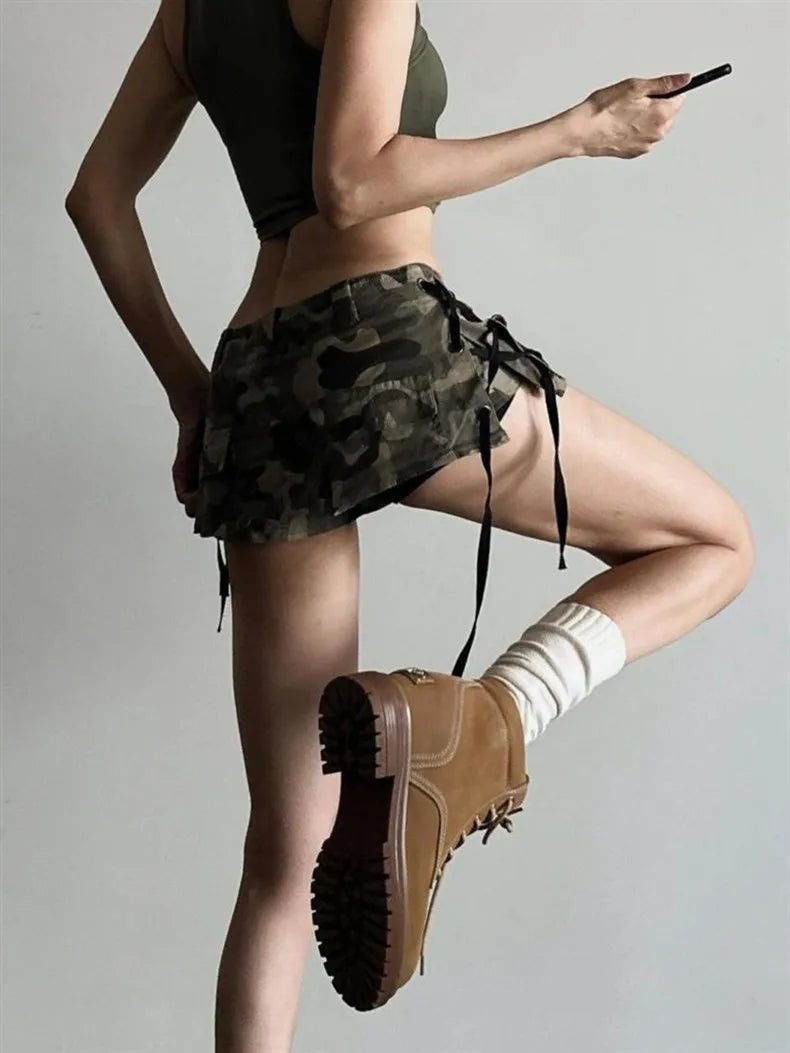 AIERTU  -  Camouflage Super Short Denim Skirt Spice Girl Low Waist Slim Skinny High Street Hip Wrap Pants Skirt Aiertu