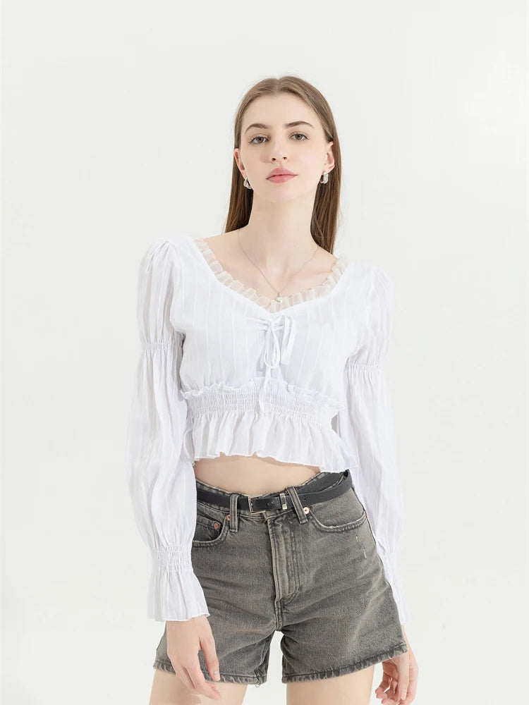 Aiertu French Pleated Lantern Long Sleeve Shirt For Women's 2022 Spring And Autumn New Vintage White Square Collar Blouse Tops Female Aiertu