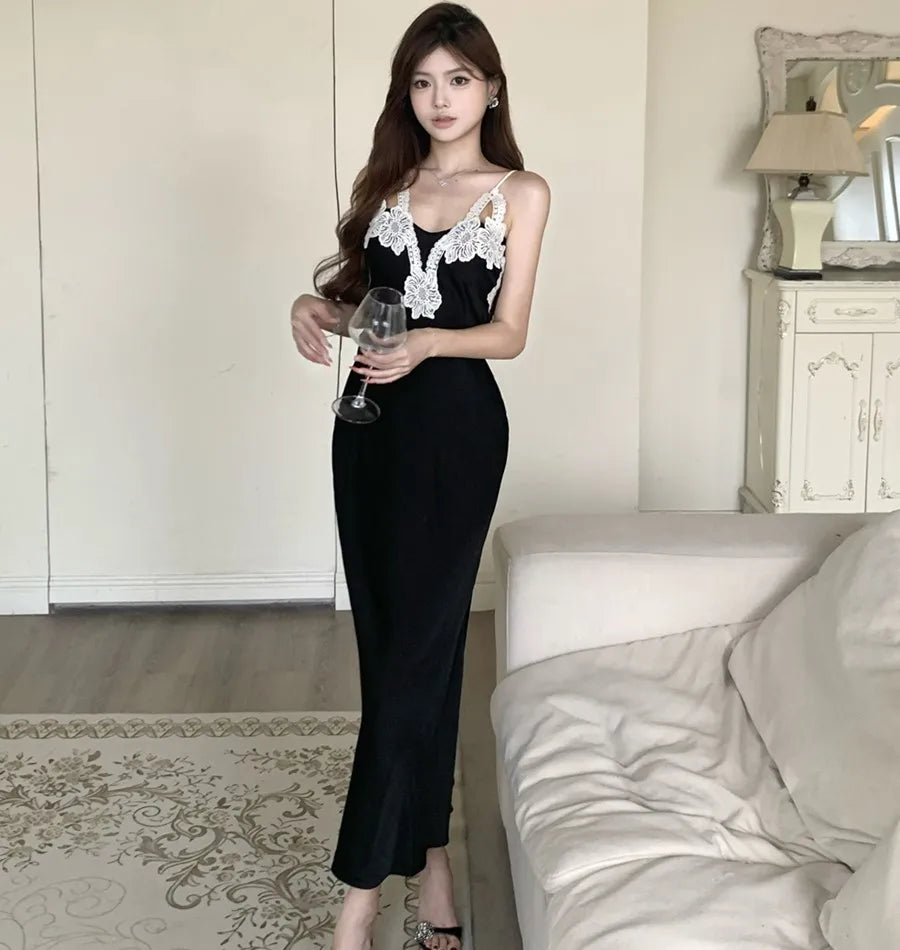 AIERTU  -  Summer French Elegant Fashion Long Dress Women's Backless Sexy Black Spaghetti Strap Party Dress Beach Holiday Bodycon Dress Aiertu