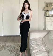 AIERTU  -  Summer French Elegant Fashion Long Dress Women's Backless Sexy Black Spaghetti Strap Party Dress Beach Holiday Bodycon Dress Aiertu