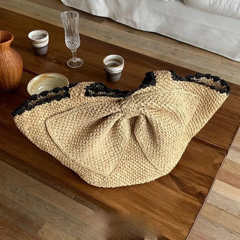 AIERTU  -  Korean Style Sweet Grass Woven Bow Bags Women's Beach Vacation Single Shoulder Hand-held Beach Bag Aiertu