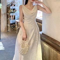 AIERTU  -  Women Dress Retro Lace Pattern Splicing Swinging Collar Sleeveless High Waist Solid Color Simple Vest Style Sling Long Dresses Aiertu