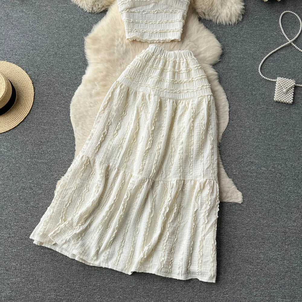 Aiertu Summer Lace Patchwork Beach Two Pieces Sets Women Sexy Camisole+A Line Long Skirt Fashion Elastic Bohemian Suits Aiertu