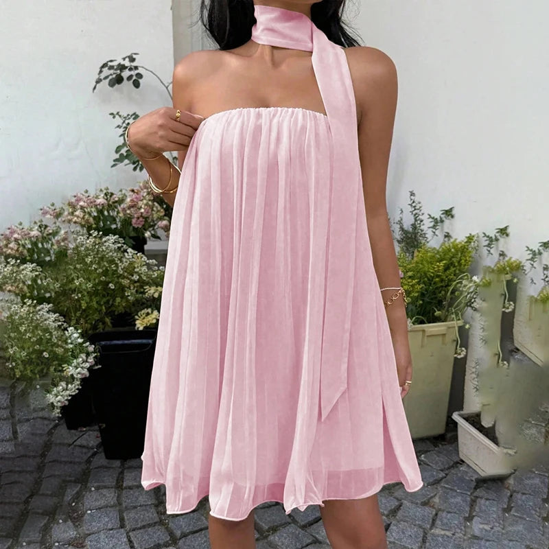 AIERTU  -  Elegant Sexy Backless Chiffon Dress for Women Strapless Elastic Ruched Fluffy A-line Party Prom Evening Holiday Mini Dress Aiertu