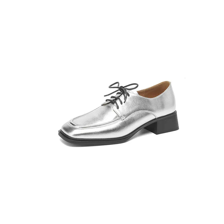 Aiertu NEW Spring/Autumn Women Shoes Square Toe Women Loafers Chunky Heel Shoes Split Leather Shoes for Women Retro Lace up Women Pumps Aiertu