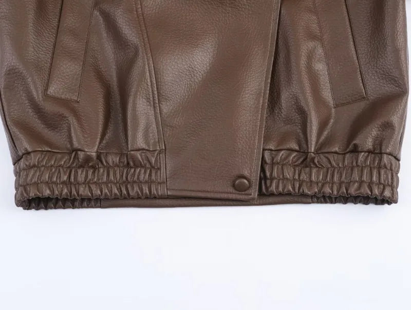 AIERTU  -  Solid Leather Moto Jacket For Women Winter Turtleneck Retro Coats Fashion Asymmetry Elegant Vintage PU Jackets New Aiertu