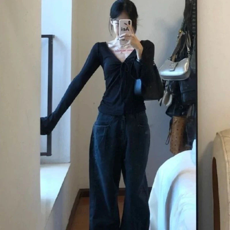 Aiertu V-neck T-shirts Women Velvet Slim Designs Hot Sweet Drawstring Solid Simple Office Ladies Korean-style Elegant Leisure All-match aiertu
