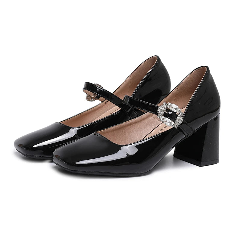 AIERTU  -  Mary Jane Chunky Heel Square Head Simple Single Shoes Women's Patent Leather Strap Diamond Buckle High Heels Spring Autumn Aiertu