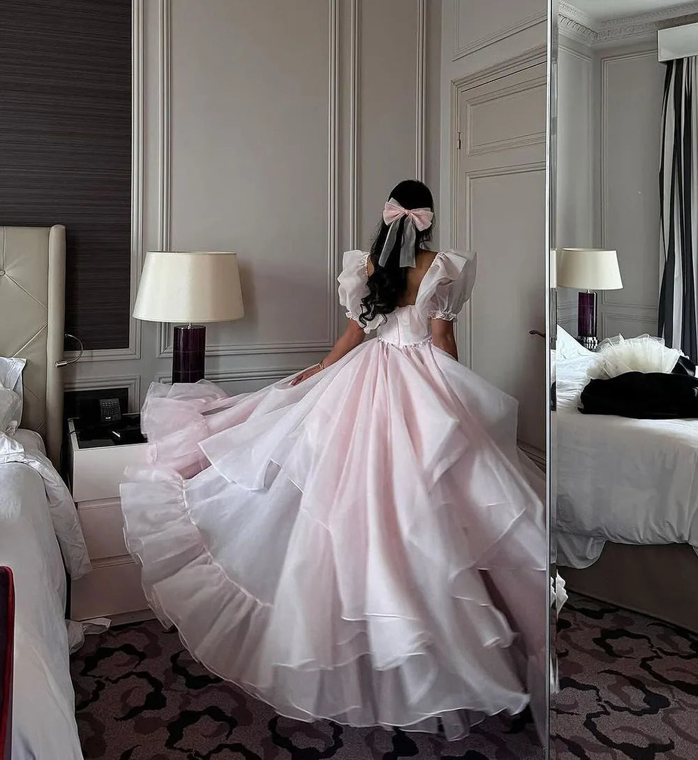 Aiertu Princess Prom Dresses Cap Sleeves Organza Long Prom Gowns Cap Sleeves Ruched Special Occasion Dress A-Line Party Dress Aiertu