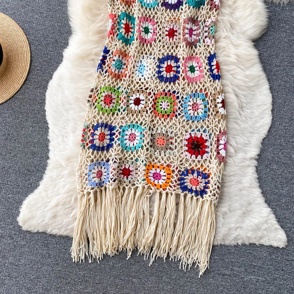 Aiertu Sunmmer Knitted Dress Hook Flower Hollow Out Tassel Women Slim Streetwear Original Design Fashion Vintage Dress Aiertu