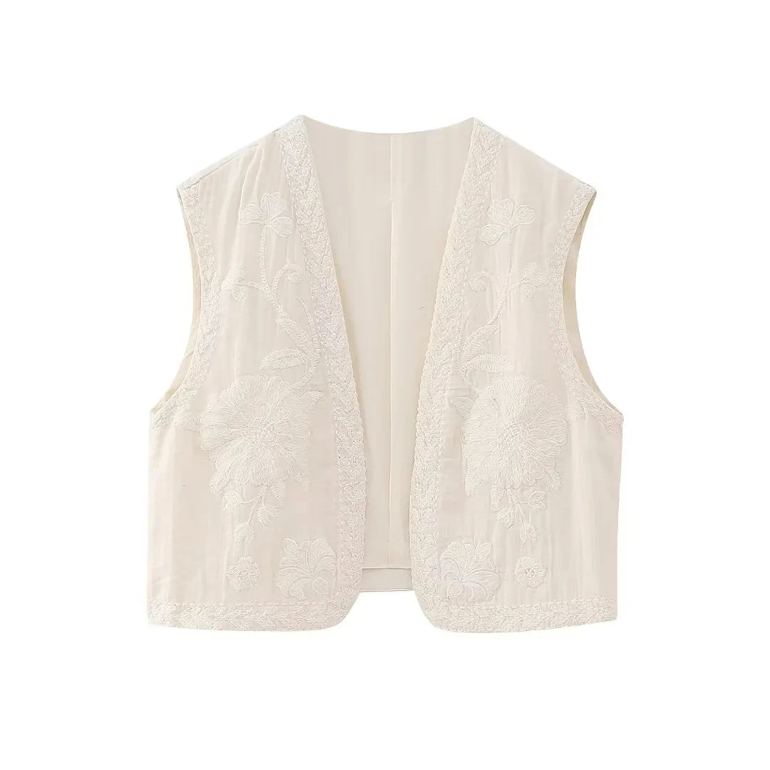 Aiertu Women Vintage Floral Embroidered Open WaistCoat Ladies National Style Vest Jacket Outfits Casual Vacation Crop Top Aiertu